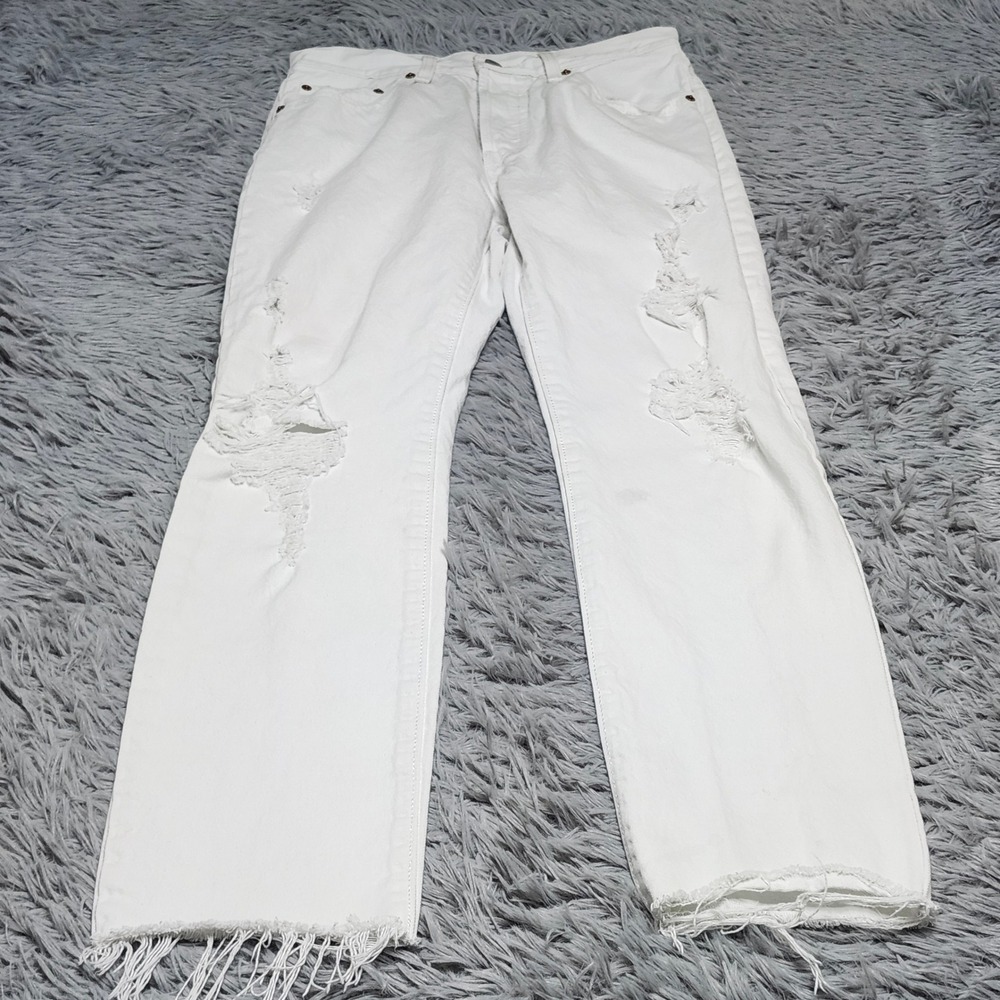 Levis 501 Button Fly‎ Jeans Womens 26x30 White Distressed Holes Trashed Denim